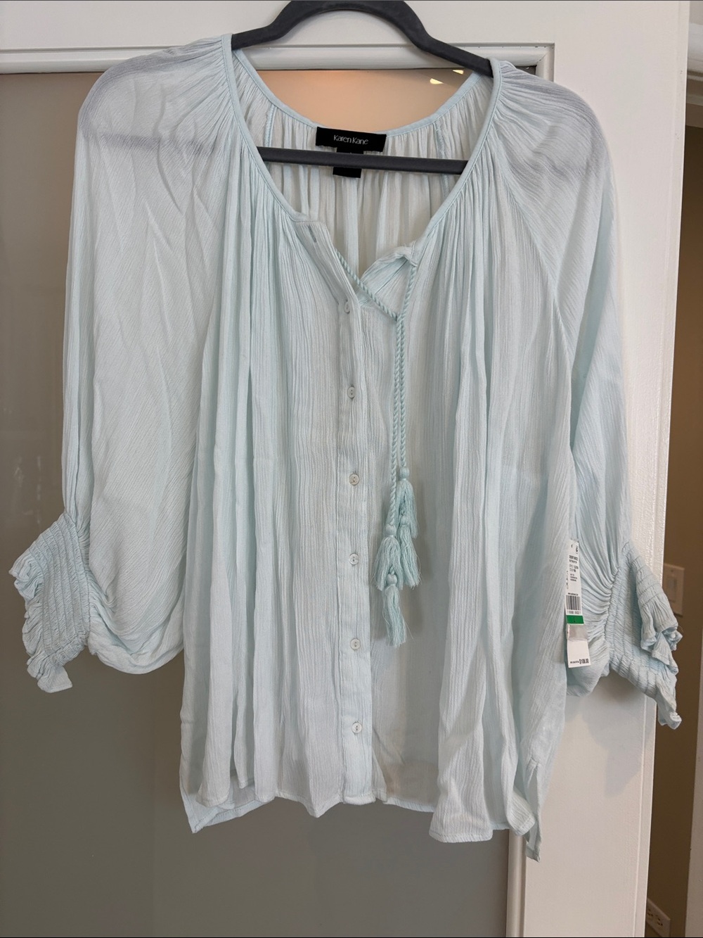 Karen Kane Pale Blue Button-Front Peasant Tunic with Tassel Tie